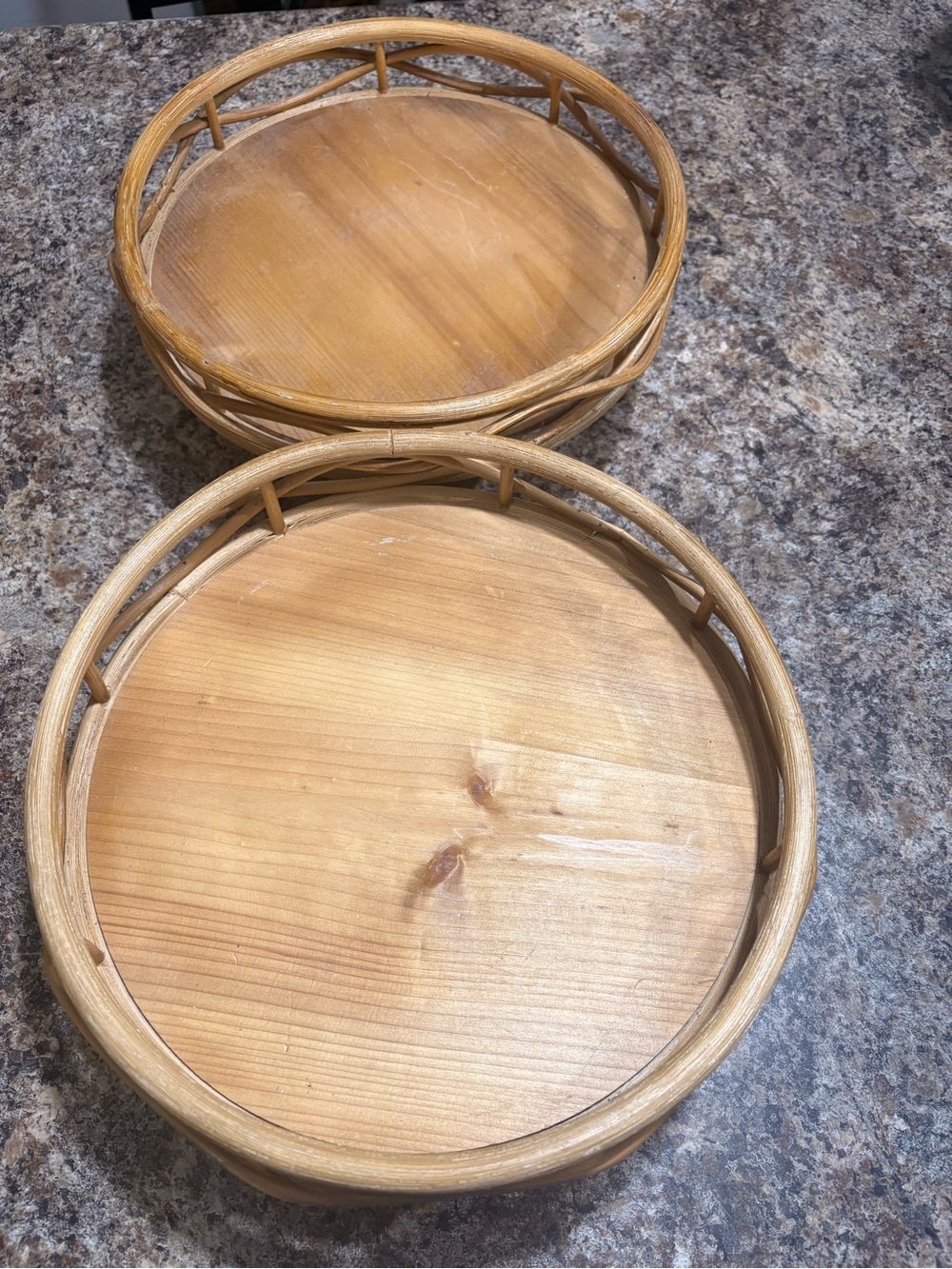 Round Woven Wood Serving Trays - Set of 2, Natural Light Wood